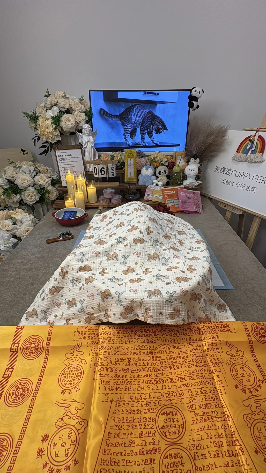 金华宠物告别仪式中的鲜花与纪念照片